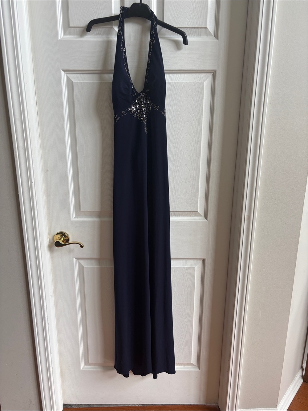 Navy Halter Evening Gown with Beaded Detail